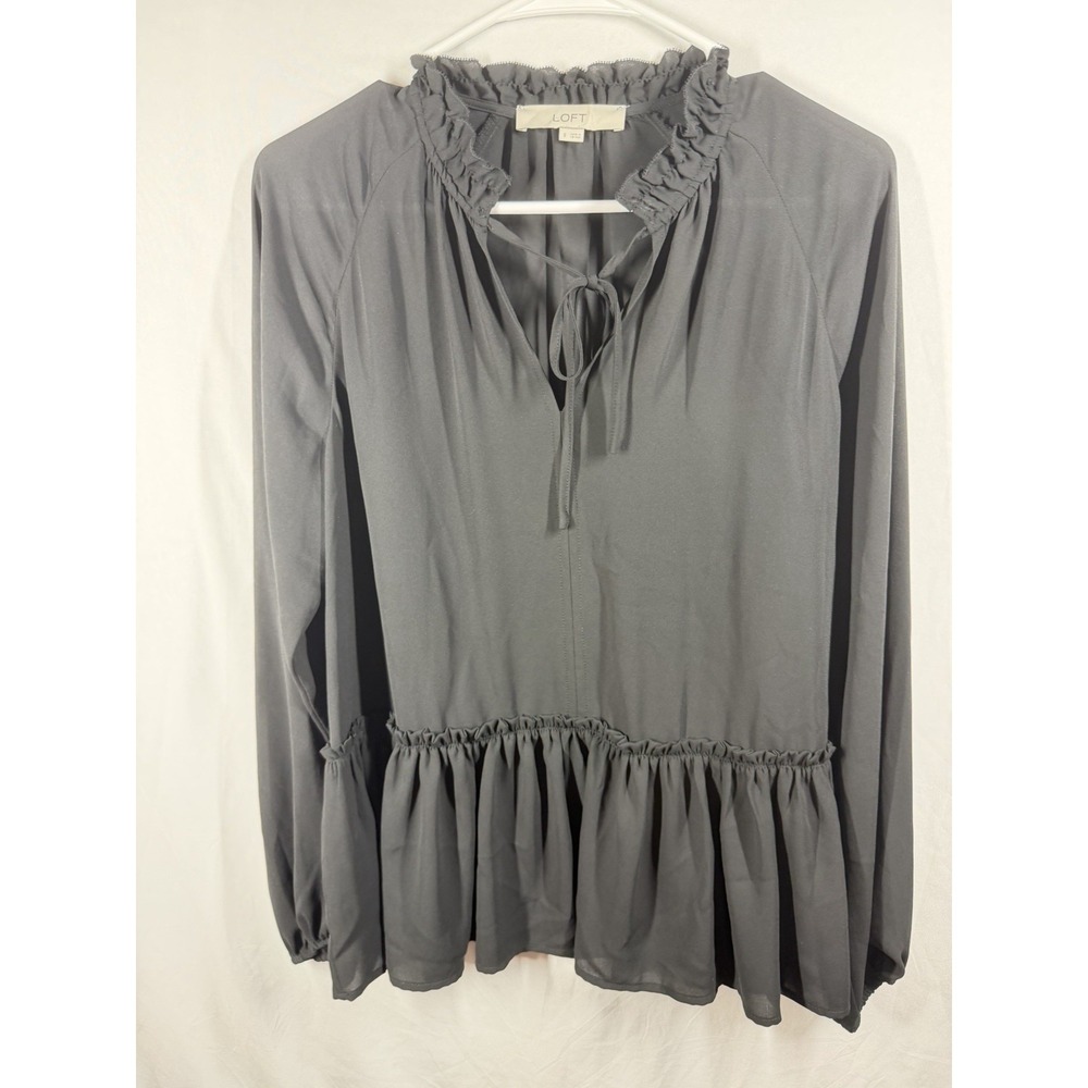 LOFT Black Ruffle Peplum Blouse Small Long Sleeve Tie Neck Romantic Boho Chiffon